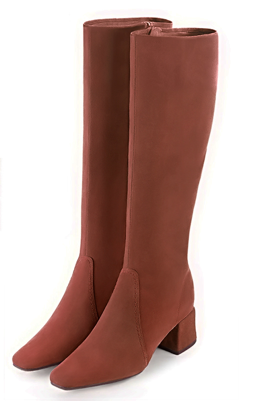 Terracotta orange women's feminine knee-high boots. Square toe. Medium block heels. Made to measure. Front view - Florence KOOIJMAN